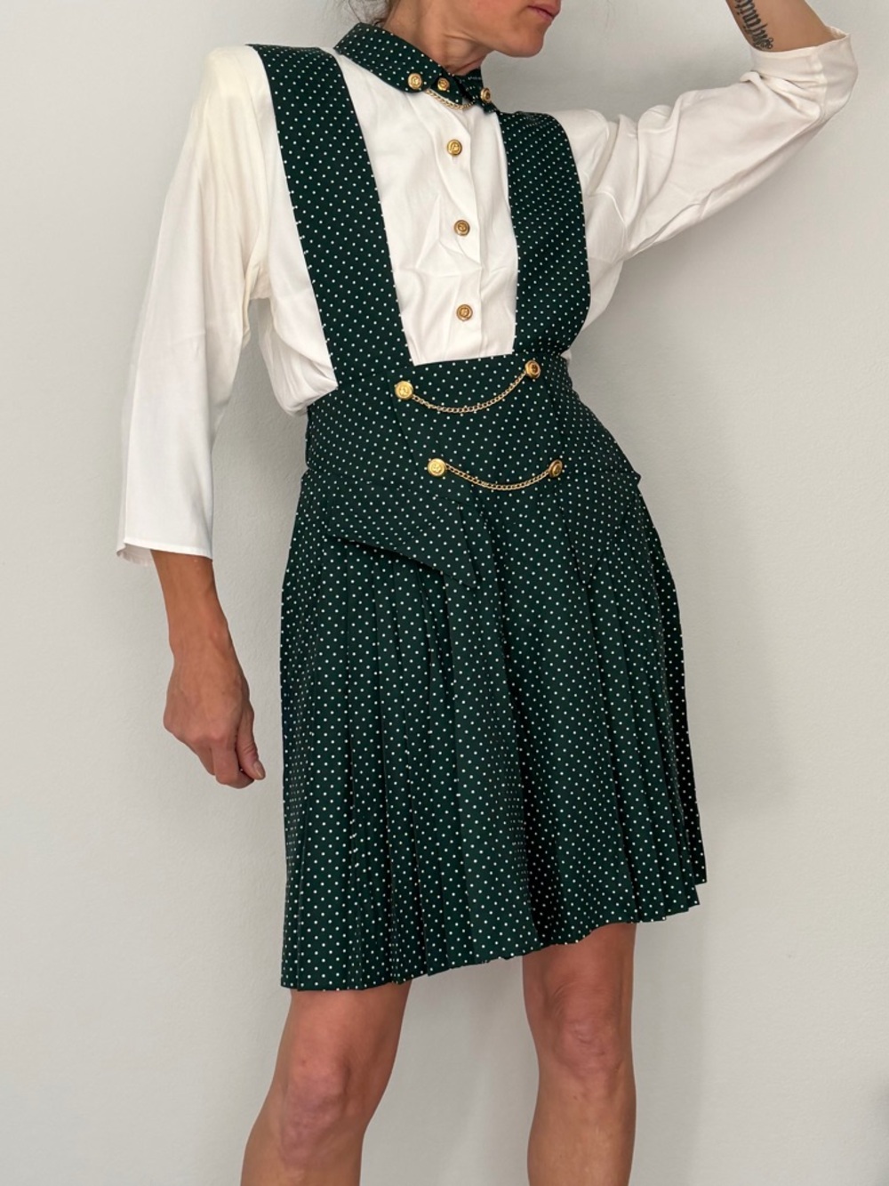 Blondie & Me Vintage 80s 2 Piece Set Waist Dark Green Polka Dot Suspenders